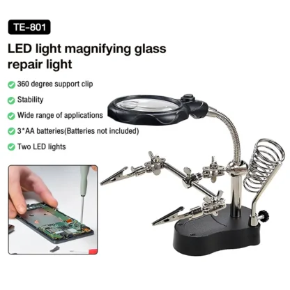TE-801 Multi-function LED Magnifier PCB Soldering iron Stand Holder Table Magnifying glass 35X 12X w/ 2-LED Light - Image 3